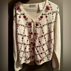 Vintage Deadstock Flower Embroidered red floral Cardigan by Carolyn Taylor